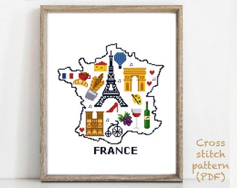 France silhouette Modern Cross Stitch Pattern, nature easy counted cross stitch chart,  hoop art, instant download PDF