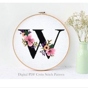 Letra W floral moderno padrão de ponto cruz, gráfico de ponto cruz com contagem de flores, botânico, natureza, bastidor, download instantâneo em PDF