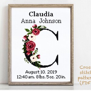 Letter C Birth announcement modern cross stitch pattern, baby, personalized, boy girl nursery decor, counted, chart, gift DIY, digital PDF