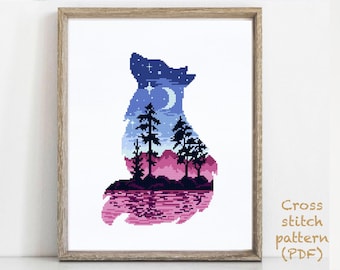 Fox Cross Stitch Pattern, forest cross stitch, landscape cross stitch, mountains, animals  cross stitch, hoop art, embroidery, instant PDF