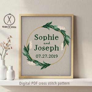 Personalized Wedding Cross Stitch Pattern, Modern Floral Wreath (Digital PDF)