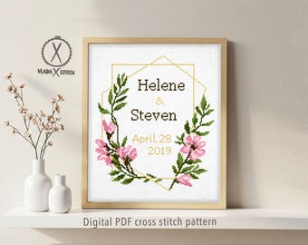 Schema personalizzato per punto croce per matrimonio, ghirlanda floreale (PDF digitale)