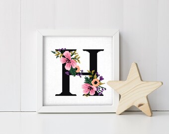 Letter H Floral Modern Cross Stitch Pattern, flowers  counted cross stitch chart, botanical, nature, hoop, Instant download PDF