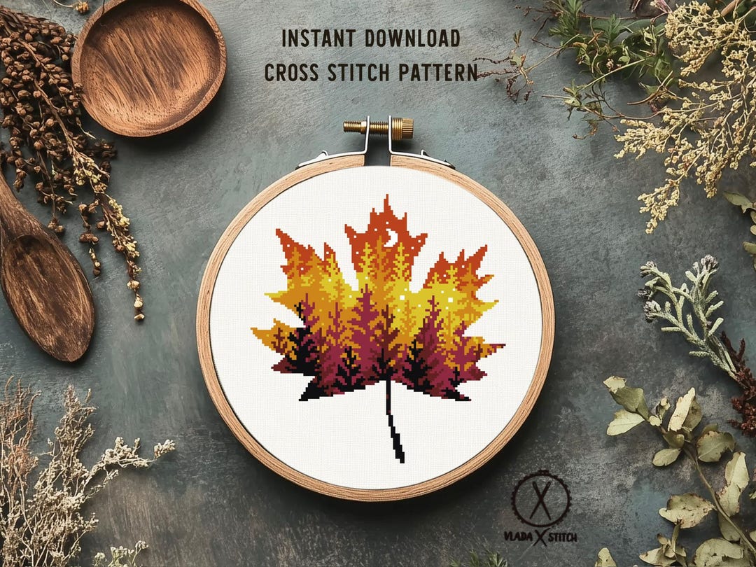 Autumn Leaves Cross Stitch Pattern, Modern Forest Design (PDF Pattern ...