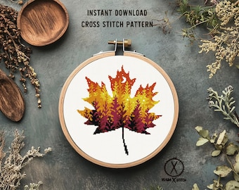 Autumn Leaves Cross Stitch Pattern, Modern Forest Design (PDF Pattern)