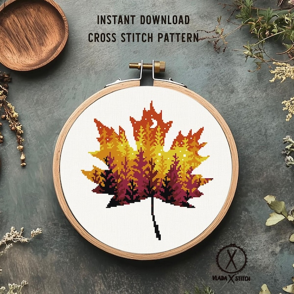 Autumn Leaves Cross Stitch Pattern, Modern Forest Design (PDF Pattern)