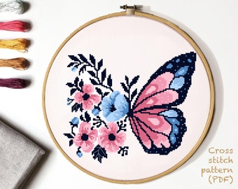 Floral Modern Cross Stitch Pattern, flower butterfly  counted cross stitch chart, nature, hoop embroidery, Instant download PDF