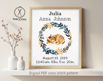 Baby Birth Announcement Cross Stitch Pattern, Deer Wreath, Personalized Name, DIY Embroidery (PDF Pattern)