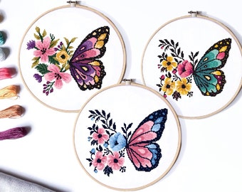 Butterflies Modern Cross Stitch Pattern, flower counted cross stitch chart, nature, hoop embroidery, Instant download PDF