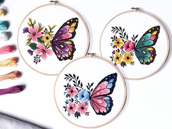 Butterflies Modern Cross Stitch Pattern Flower Counted Cross Etsy