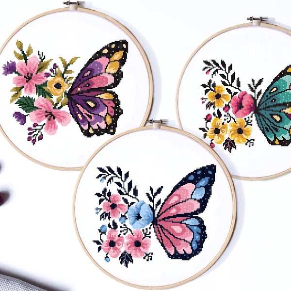 Butterflies Modern Cross Stitch Pattern, flower counted cross stitch chart, nature, hoop embroidery, Instant download PDF