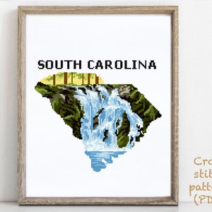 South Carolina state  Modern Cross Stitch Pattern, nature counted cross stitch chart,  Brasstowa Falls, waterfall, instant PDF