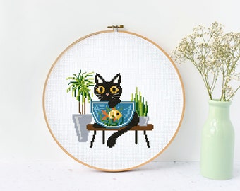 Cat Modern Cross Stitch Pattern, cross stitch plants, fish, animals, instant download pdf