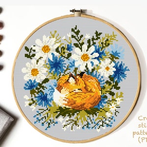 Fox Modern Cross Stitch Pattern, floral, flowers cross stitch, animals, embroidery, instant download pdf