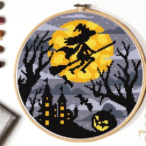 Padrão moderno de ponto cruz de Halloween, gráfico de ponto cruz de bruxa, paisagem, castelo, natureza, redondo, bordado, DOWNLOAD INSTANTÂNEO PDF
