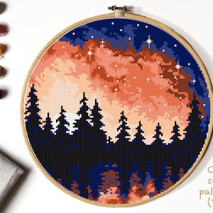 Landscape Modern Cross Stitch Pattern, forest counted cross stitch chart, starry sky cross stitch,  hoop art, embroidery, instant PDF