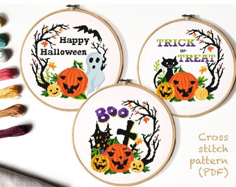 Set of 3 Halloween Modern Cross Stitch Pattern, easy cross stitch chart, pumpkin ,nature, quote, cat, embroidery, INSTANT DOWNLOAD PDF