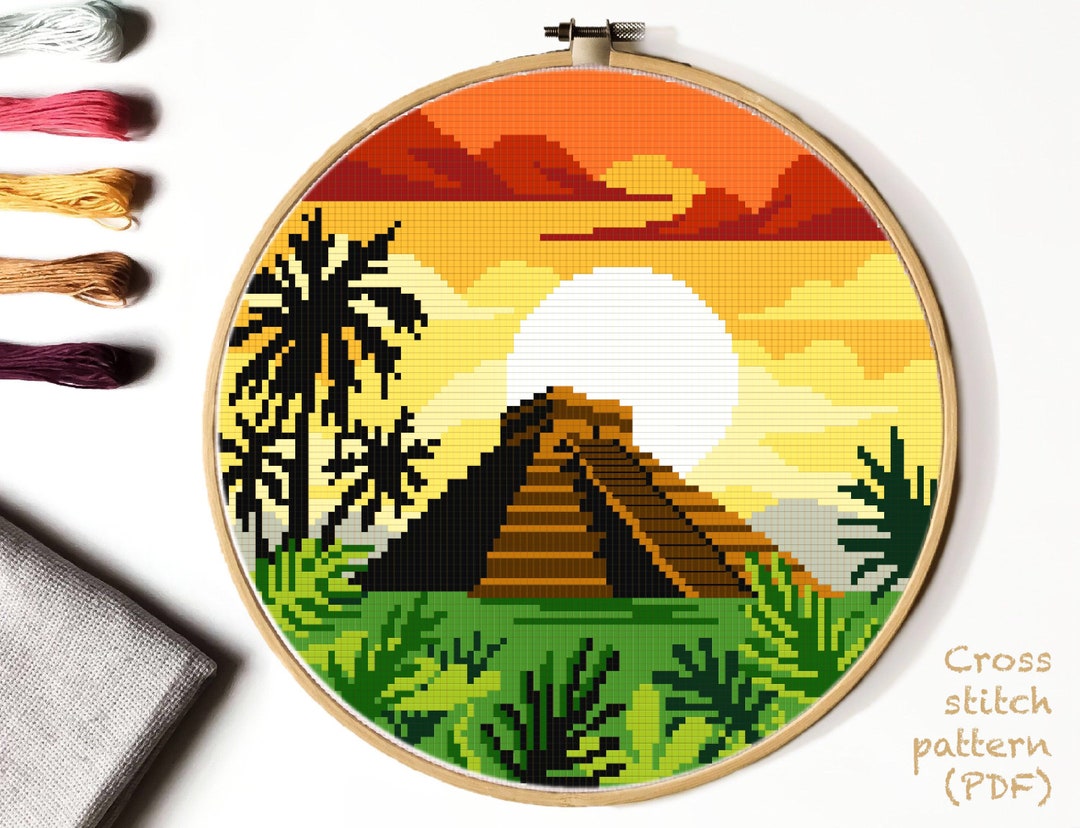 Mexico Modern Cross Stitch Pattern, Chichen Itza Counted Cross Stitch