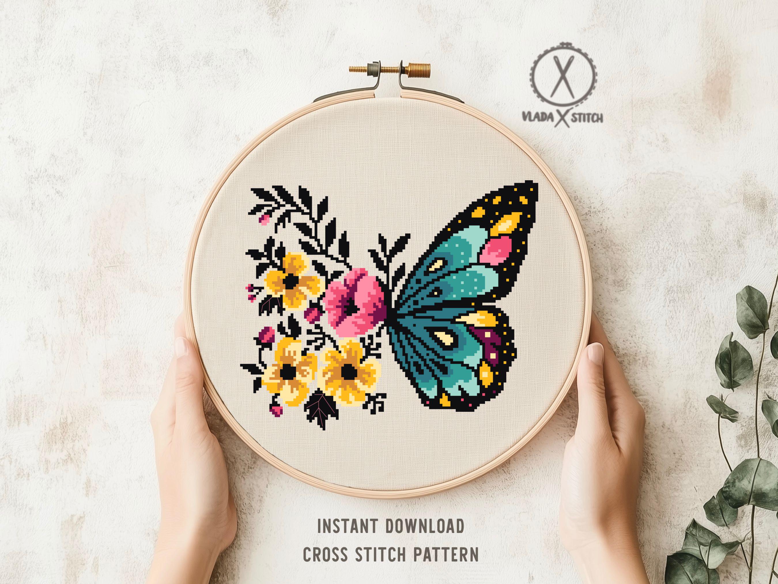 蝶の花の刺繍デザイン、簡単モダンなクロスステッチ、DIYホーム