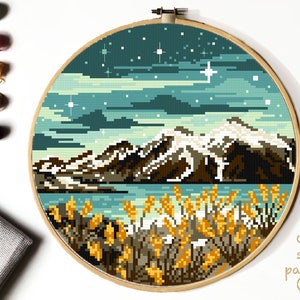 Patrón de punto de cruz moderno de paisaje, tabla de punto de cruz de conteo fácil de la naturaleza, montaña, flores, cielo nocturno, arte del aro, descarga instantánea en PDF