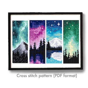 Set of 4 bookmarks Modern Cross Stitch Pattern, landscape, instant  download PDF