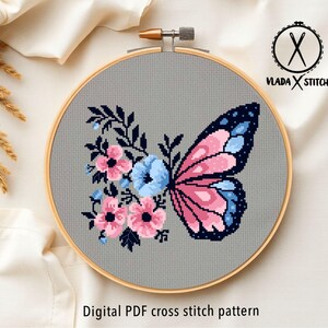 Butterfly and Flowers Cross Stitch Pattern, Modern Floral Embroidery Design (PDF Download) image 5