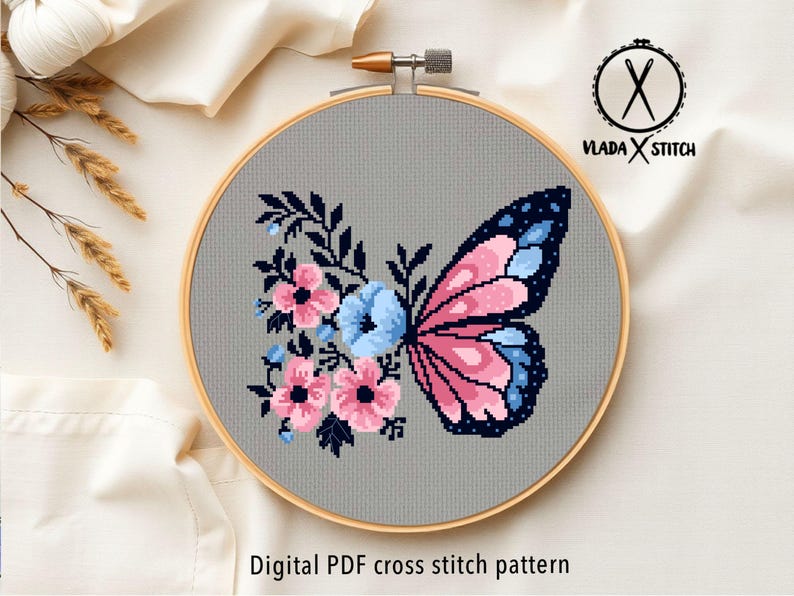 Butterfly and Flowers Cross Stitch Pattern, Modern Floral Embroidery Design (PDF Download) image 5