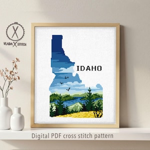 Idaho, motif de point de croix, carte de l'état, paysage, broderie, motif de broderie moderne (téléchargement PDF)