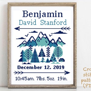 Anuncio de nacimiento de bebé patrón moderno de punto de cruz, decoración de guardería niño niña contada tabla de punto de cruz, regalo de baby shower DIY, PDF digital