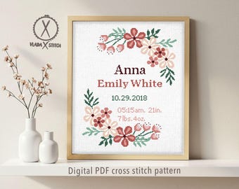 Patrón de punto de cruz personalizado para anuncio de nacimiento, datos florales del bebé, bordado de nombre personalizado (descarga en PDF)