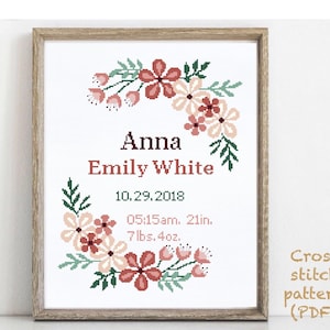 Birth announcement modern cross stitch pattern, baby, personalized, boy girl nursery decor, counted, chart, gift DIY, digital PDF