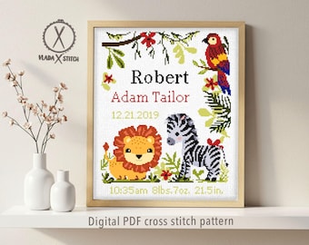 Safari Birth Announcement Cross Stitch Pattern, Personalized DIY (Digital PDF)