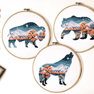 Wolf, Buffalo, Bear Cross Stitch Pattern, landscape cross stitch chart, animals ,forest, mountains, lake, embroidery, instant PDF