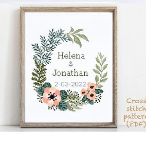 Wedding modern cross stitch pattern, personalized, customized, floral, wreath, counted, chart,  anniversary, wedding gift DIY, digital PDF