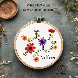 Patrón de punto de cruz floral de la molécula de cafeína, moderno, fácil, flor, cocina, comida, bebida, ciencia, descarga instantánea en PDF