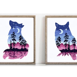 Eule, Fuchs Moderne Kreuzstich Anleitung, Natur Kreuzstichmuster, Tiere, Berg, Wald, Tiere, Berg, Wald, rund, Stickerei, INSTANT DOWNLOAD PDF