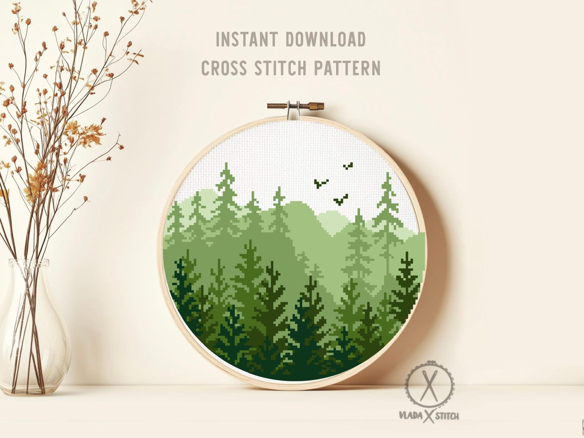 Modern Forest Cross Stitch Pattern, Landscape Embroidery (PDF Pattern ...
