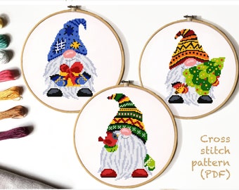 Set of 3 Christmas Gnomes  Modern Cross Stitch Pattern, easy cross stitch chart,  New Year cross stitch,Instant download PDF