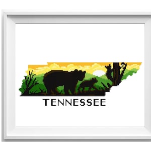 Patrón de punto de cruz moderno del estado de Tennessee, gráfico de punto de cruz contado de naturaleza, parque nacional de las Montañas Humeantes, oso, montañas, PDF instantáneo