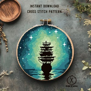 Starry Night Ship Landscape Cross Stitch Pattern, Easy Embroidery (PDF Pattern)