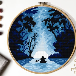 Landscape  Cross Stitch Pattern,  moon counted cross stitch chart, nature , forest, lake , round, embroidery, INSTANT DOWNLOAD PDF