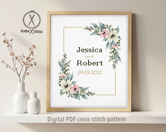 Wedding cross stitch pattern, personalized floral wreath, anniversary, wedding gift DIY, digital PDF