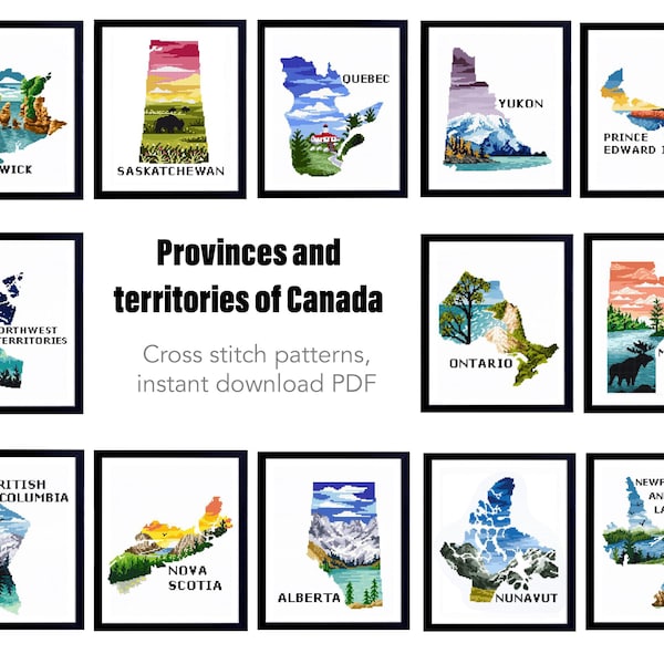 Set of 13 provinces Canada Modern Cross Stitch Pattern, nature cross stitch pattern, landscape, mountains, ocean, embroidery, instant PDF