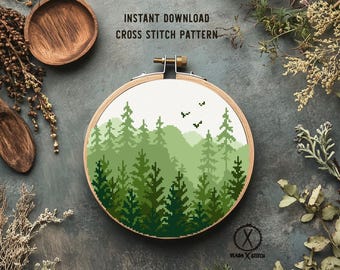 山林クロスステッチパターン、自然風景刺繍（PDFダウンロード） - Etsy