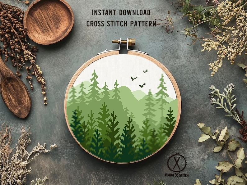 Modern Forest Cross Stitch Pattern, Landscape Embroidery (PDF Pattern)