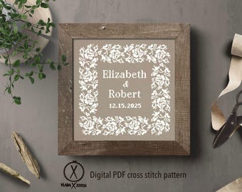 Wedding Cross Stitch Pattern, Personalized Names, Anniversary Gift (Digital PDF)
