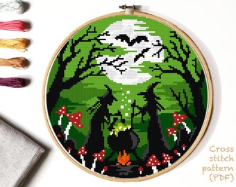 Halloween  Modern Cross Stitch Pattern, witches cross stitch chart, landscape, nature, round, embroidery, INSTANT DOWNLOAD PDF