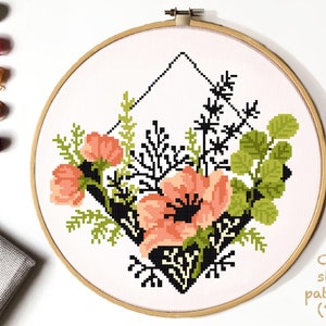 Floral Modern Cross Stitch Pattern, flower counted cross stitch chart, nature,  hoop embroidery, Instant download PDF
