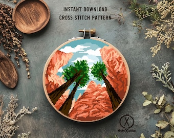 Bryce Canyon national park Modern Cross Stitch Pattern, nature, landscape, mountain, tree, instant PDF