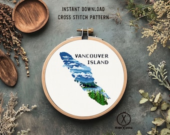 Vancouver Island Cross Stitch Pattern, Modern Landscape Art (PDF Download)